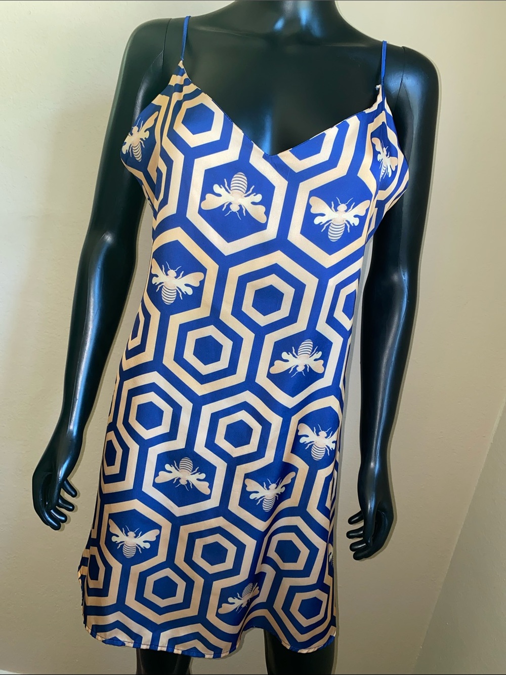 AVERIE Slip Mini Dress with Blue & Gold Hexagon Bee Print